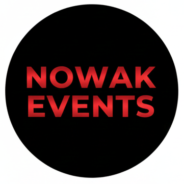 Logo mit dem Schriftzug "NOWAK EVENTS" in futuristischer Schrift, umgeben von einem roten Ring.
